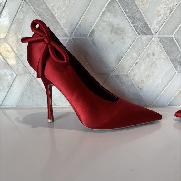 Valentino Garavani 39 9 Red Satin Heel Bow Open Heel Pointed Toe Pump Nite-Out - Picture 6 of 11